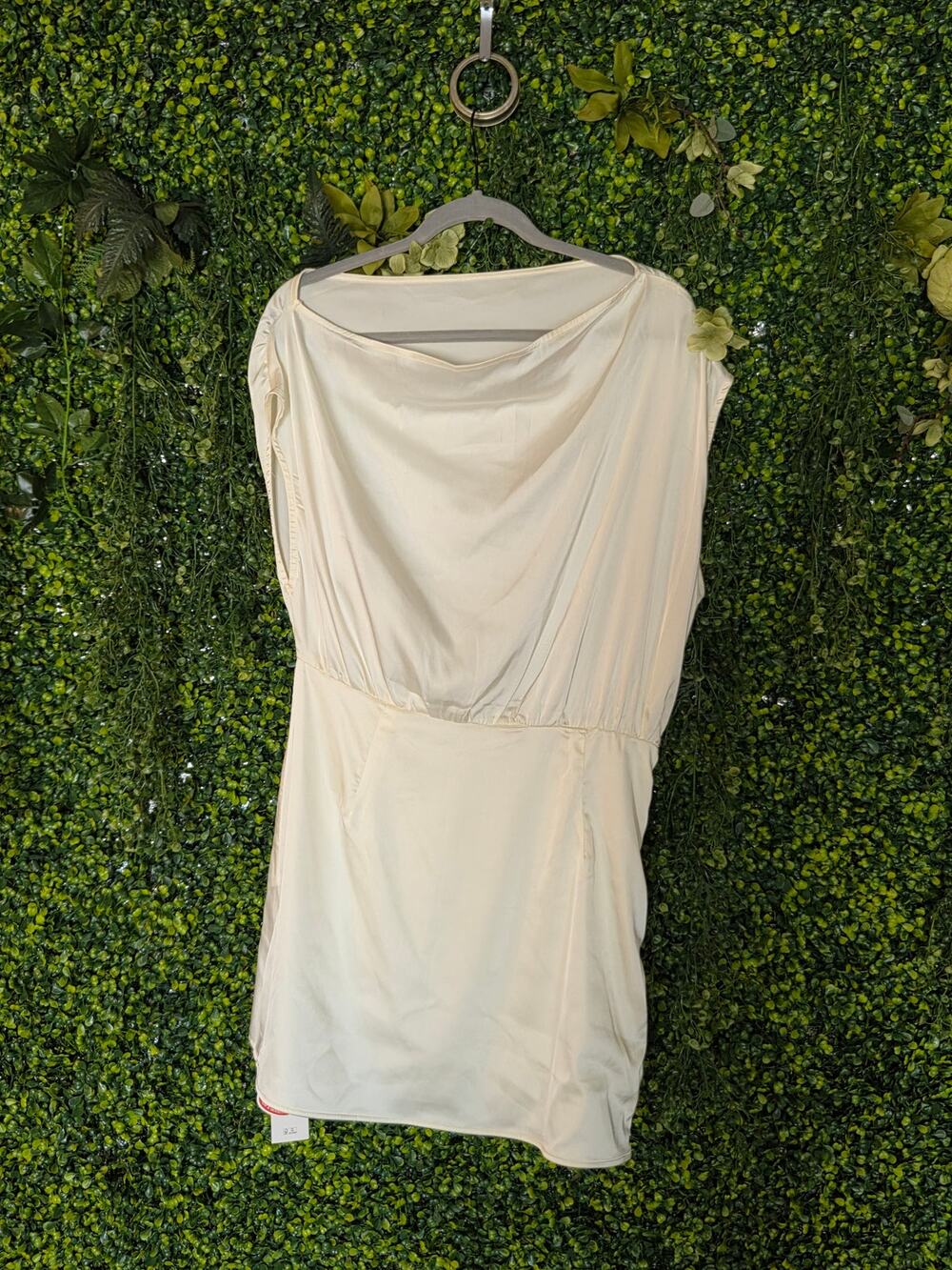 SATIN ASYMMETRICAL NECK SOLID RUCHED MINI DRESS, Cream
